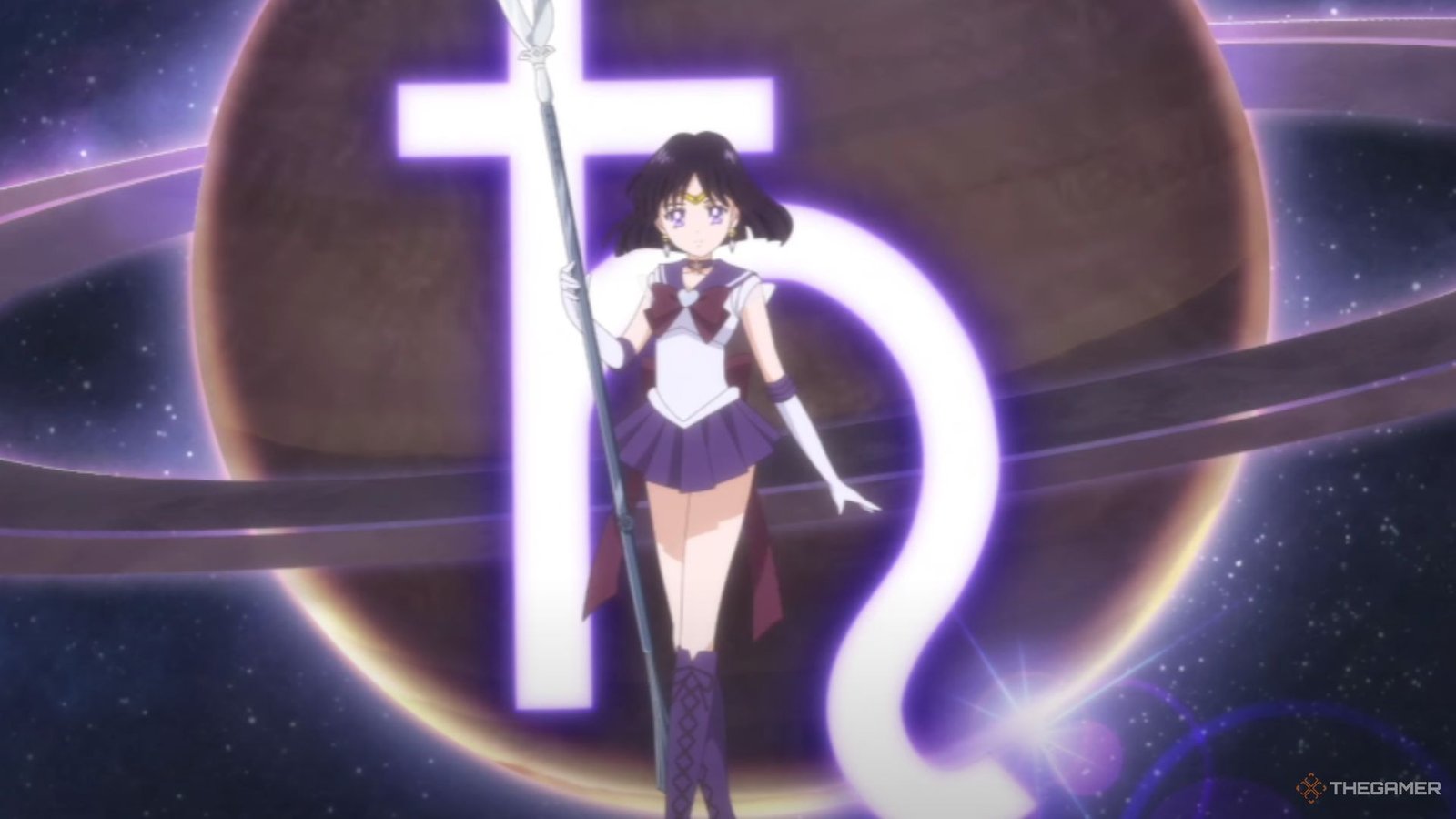 Sailor Saturn is in her transformation sequence.
