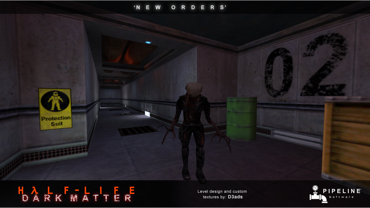 Half-Life Dark Matter screenshot of a Black Ops assassin zombie walking down a corridor.