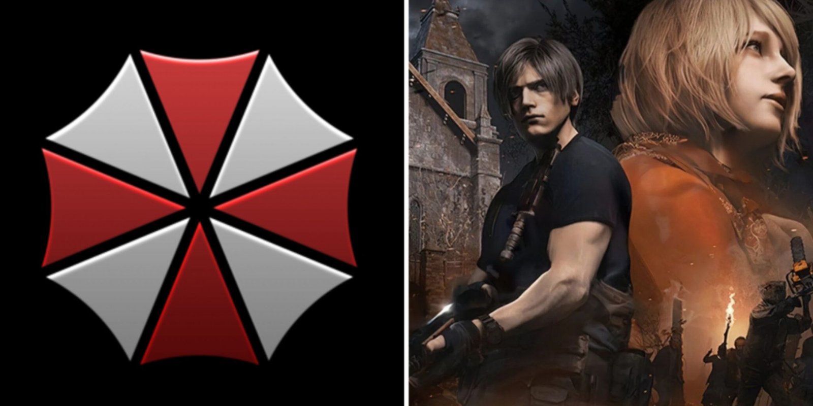 Ranking Resident Evil Characters But Number Of Appearances 11 A collage showing the Umbrella logo on the left and official art work of RE4 Remake on the right.