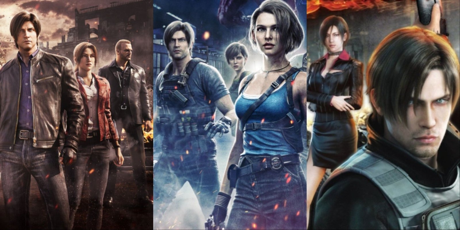 Ranking Resident Evil Characters But Number Of Appearances 15 A collage showing three different animated Resident Evil CG films - Infinite Darkness, Death Island, and Damnation.