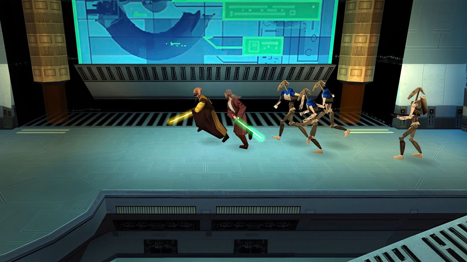 A couple of jedi run away from droids in Star Wars: Jedi Power Battles. 