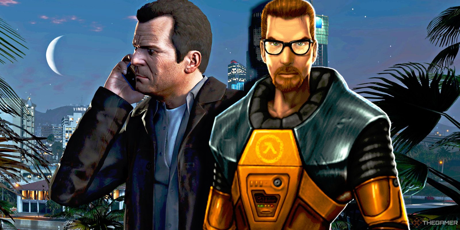 A $100 Price Tag Would Only Work For Grand Theft Auto 6 2 Michael from GTA 5 talking on the phone next to Gordon Freeman from Half-Life.