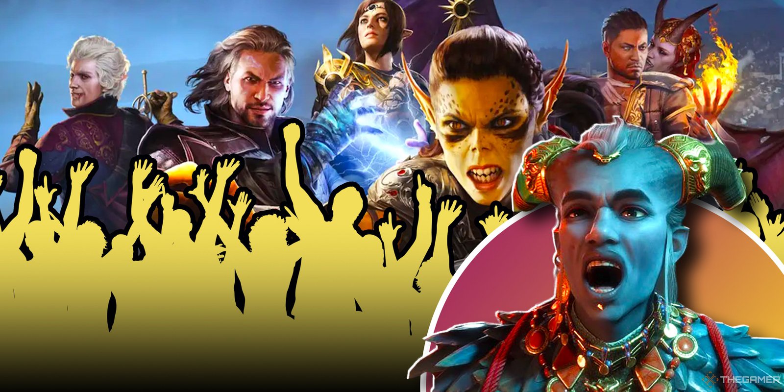 The Veilguard Player Count Missed EA Expectations By 50 Percent 2 Qunari character from Dragon Age: The Veilguard yelling with Baldur's Gate 3 characters in the background. A crowd in silhouette flocks to the BG3 party.
