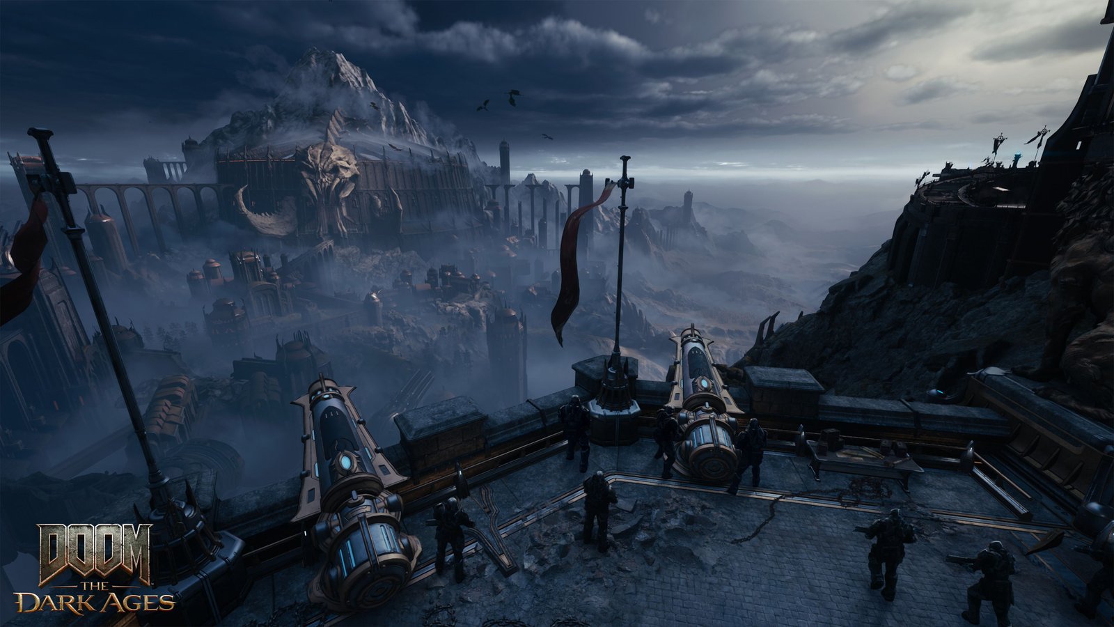 A medieval fortress with soldiers near cannons looking at the horizon, where a castle is hidden by clouds.