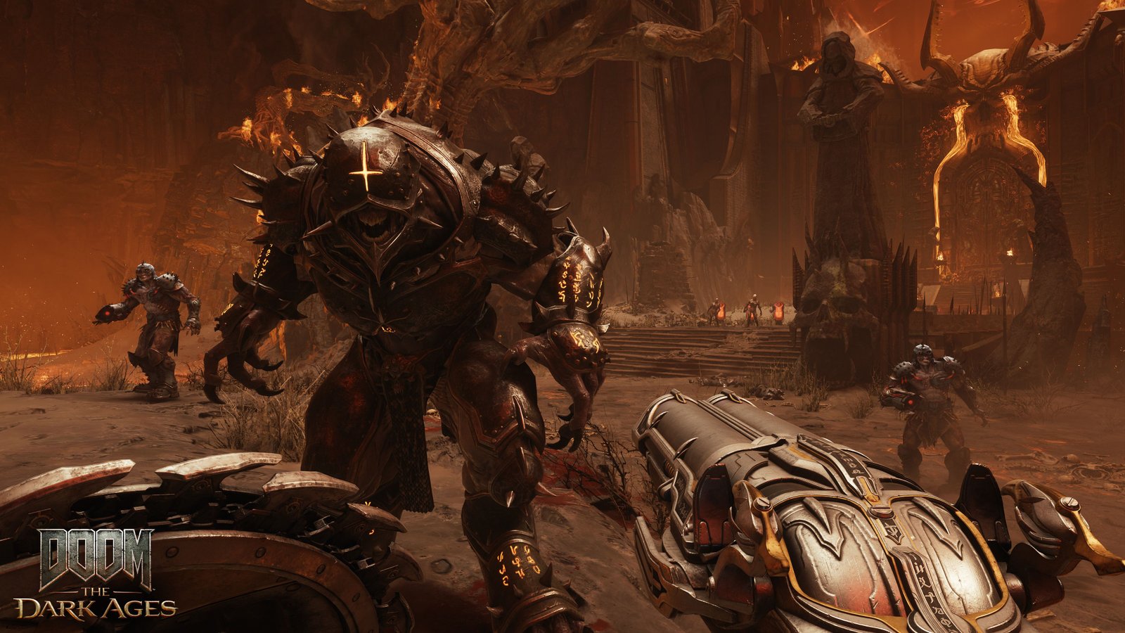 The Doom Slayer facing an armored enemy with a shotgun and a shield.