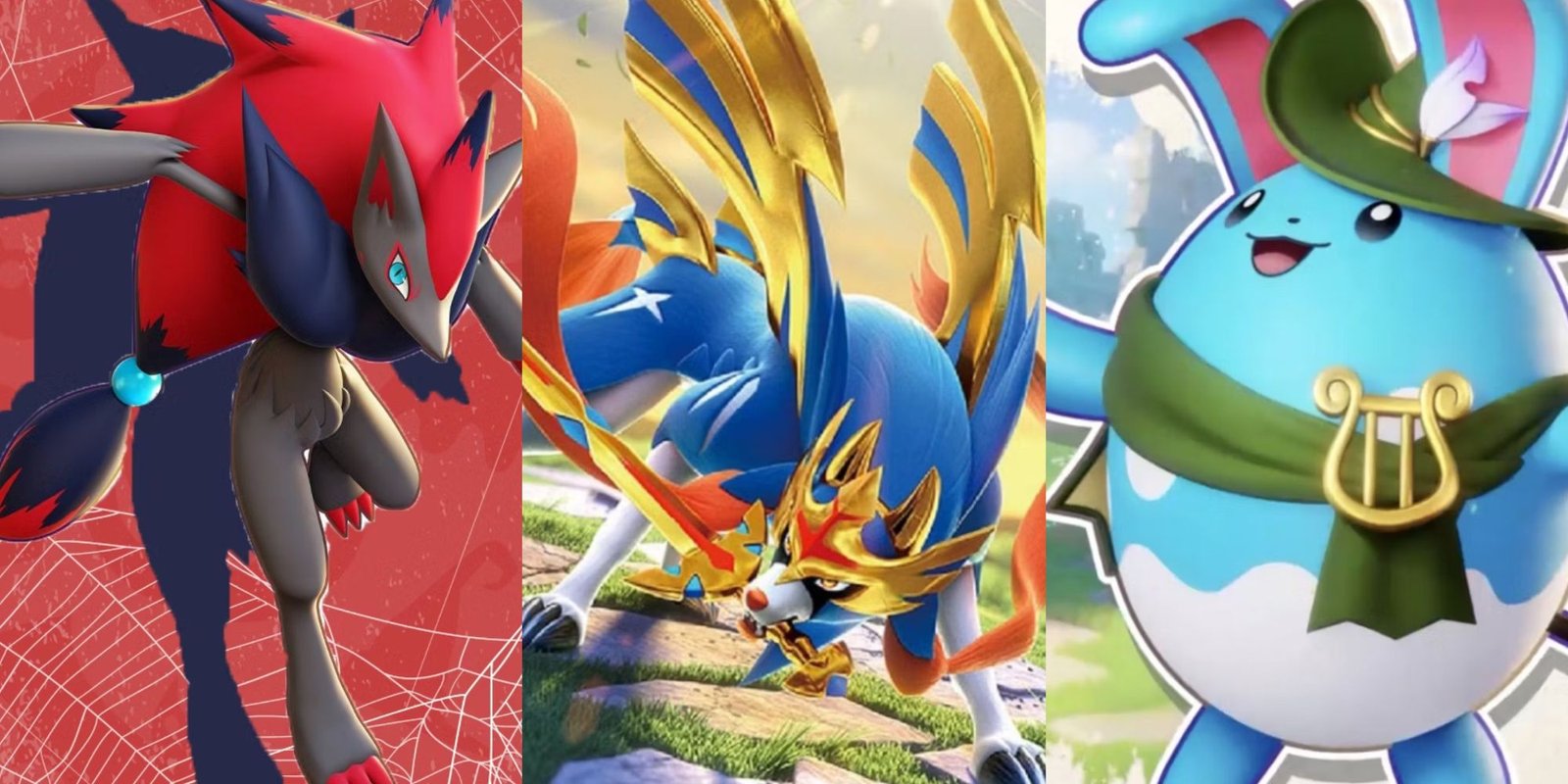 How To Make A Psyduck Build In Pokemon Unite 4 A split image of Zoroark, Zacian, and Azumarill in Pokemon Unite.