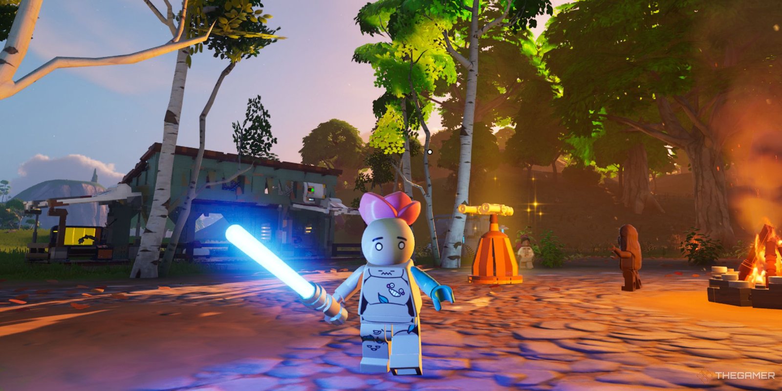 How To Get A House In Lego Fortnite Brick Life 9 A screenshot from Lego Fortnite showing the player character as a Mochi Monster holding a blue lightsaber inside a rebel village.
