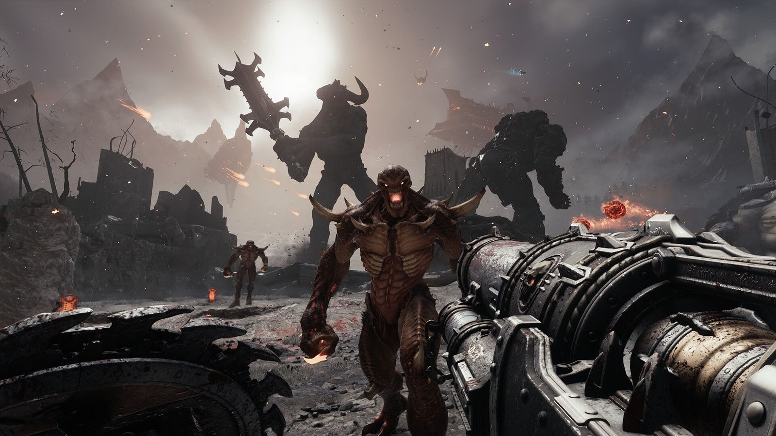 The player faces up against demon while holding a missile launcher in doom: the dark ages