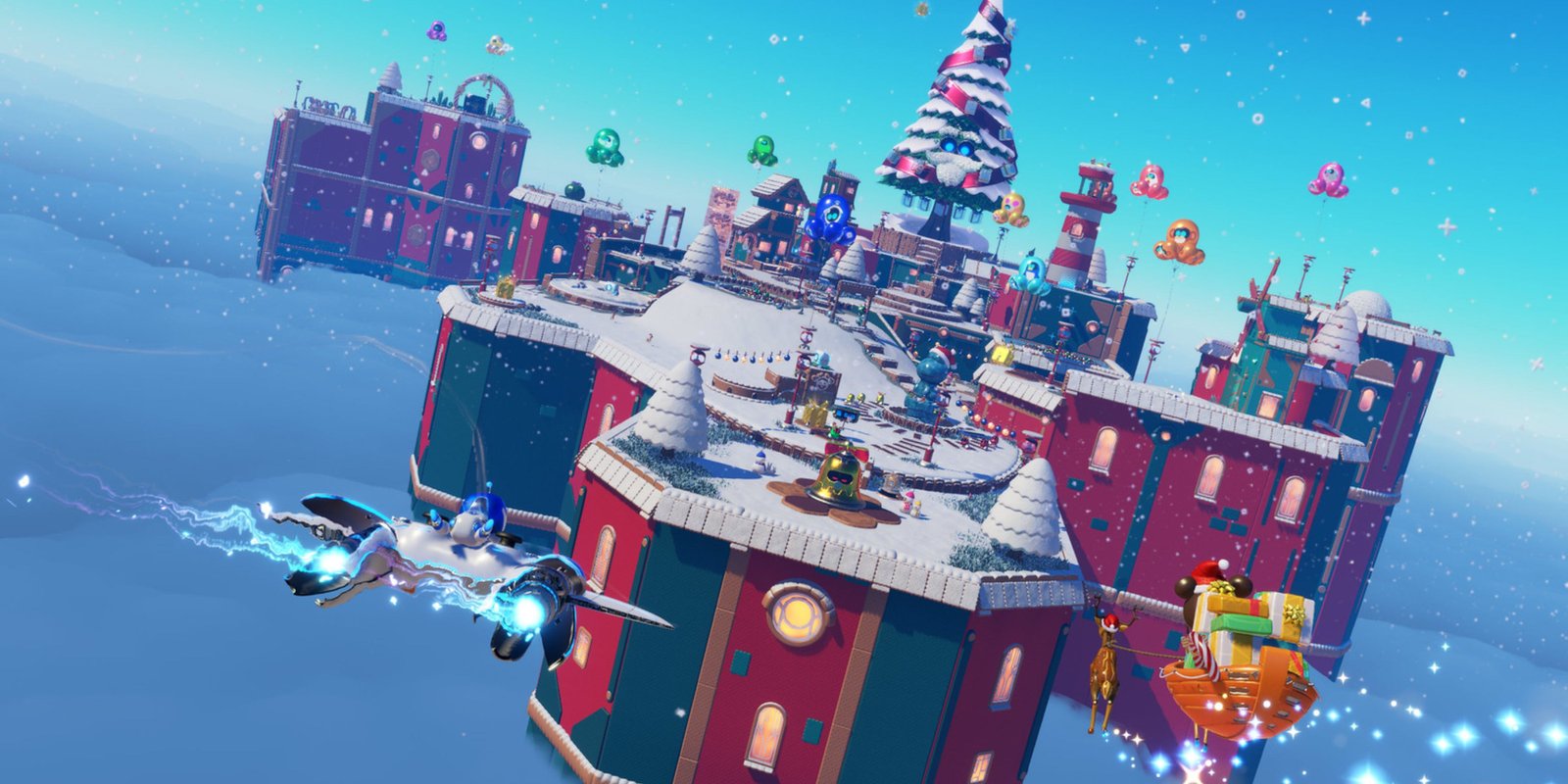 astro bot flying onto the winter wonder dlc level.