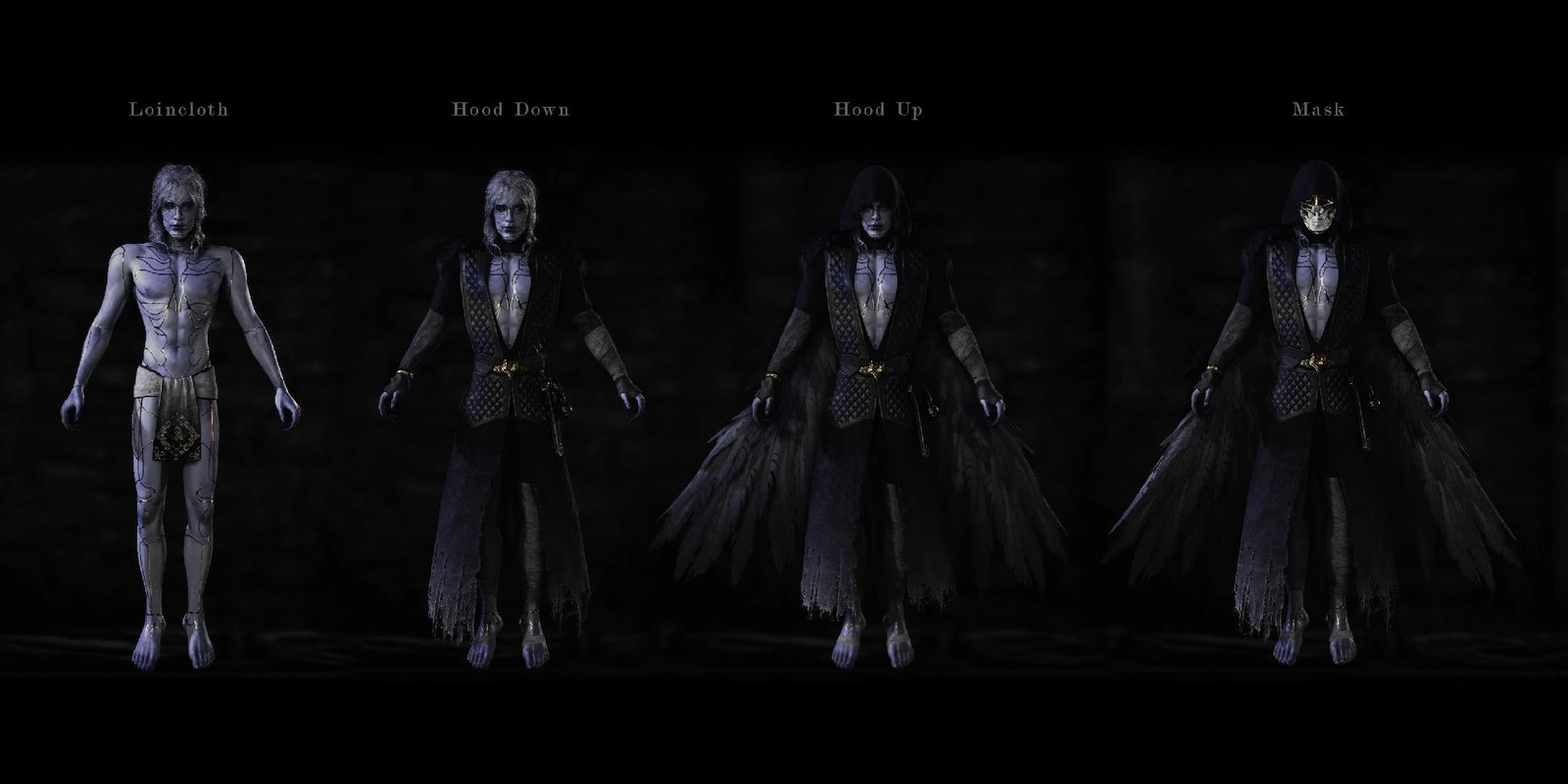 Baldurs Gate 3 less dead Withers mod, screenshot of four models showing him in a loincloth, in robes, with a hood up, and while wearing a mask.