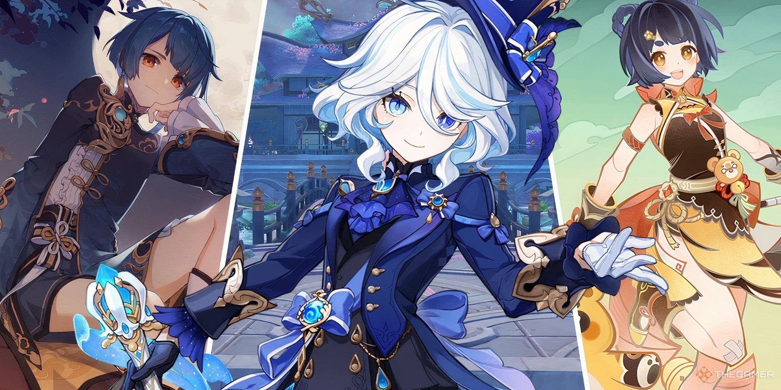 Best Characters For An Overload Team In Genshin Impact 3 Xingqiu resting his chin on his hand, Furina striking a theatrical pose, and Xiangling jumping in joy in Genshin Impact.