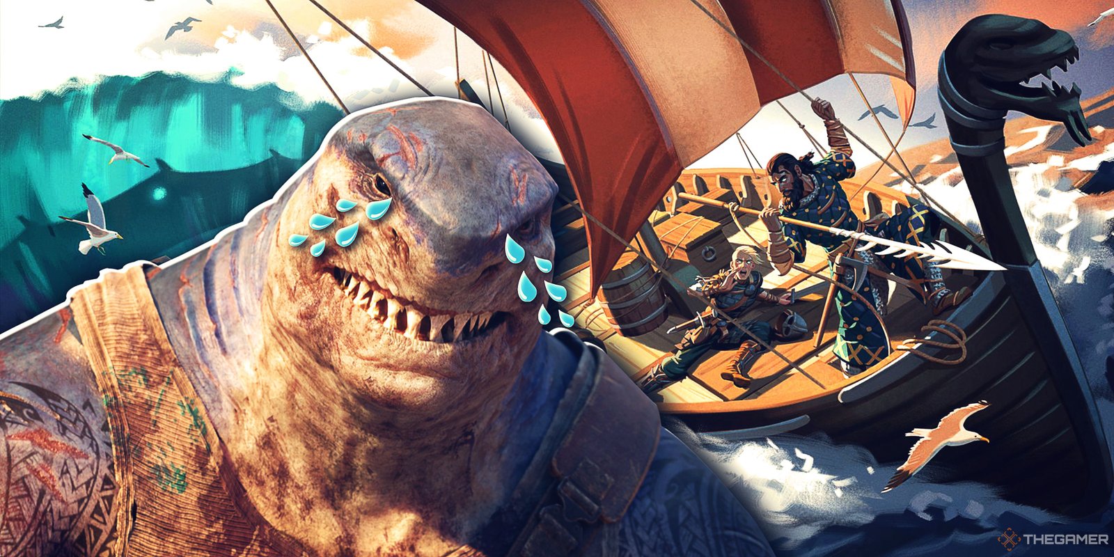 Black Ops 6 Accused Of Using More AI Art By Unhappy Players 3 King Shark from Suicide Squad: Kill the Justice League crying cartoon tears with art from Valheim in the background.
