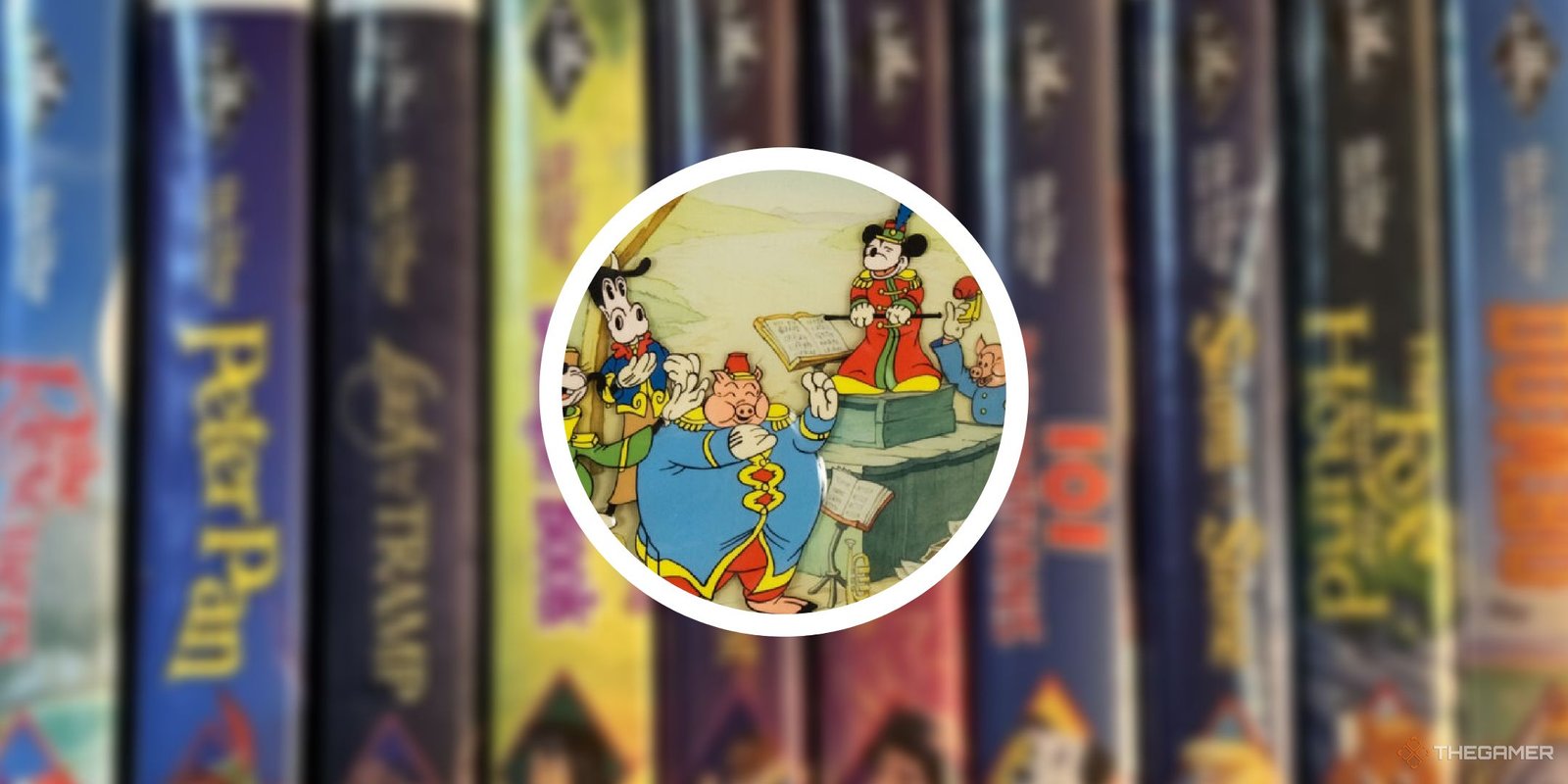 Disney VHS Tapes With Ridiculous Price Tags 1 A background image of blurry VHS tapes with a cricle PNG of The Band Concert cell.