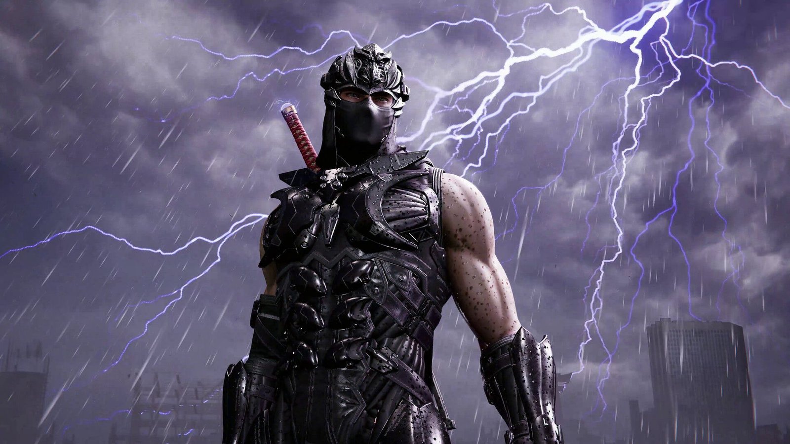 Ninja Gaiden 4 character standing in front of a lightning strike.