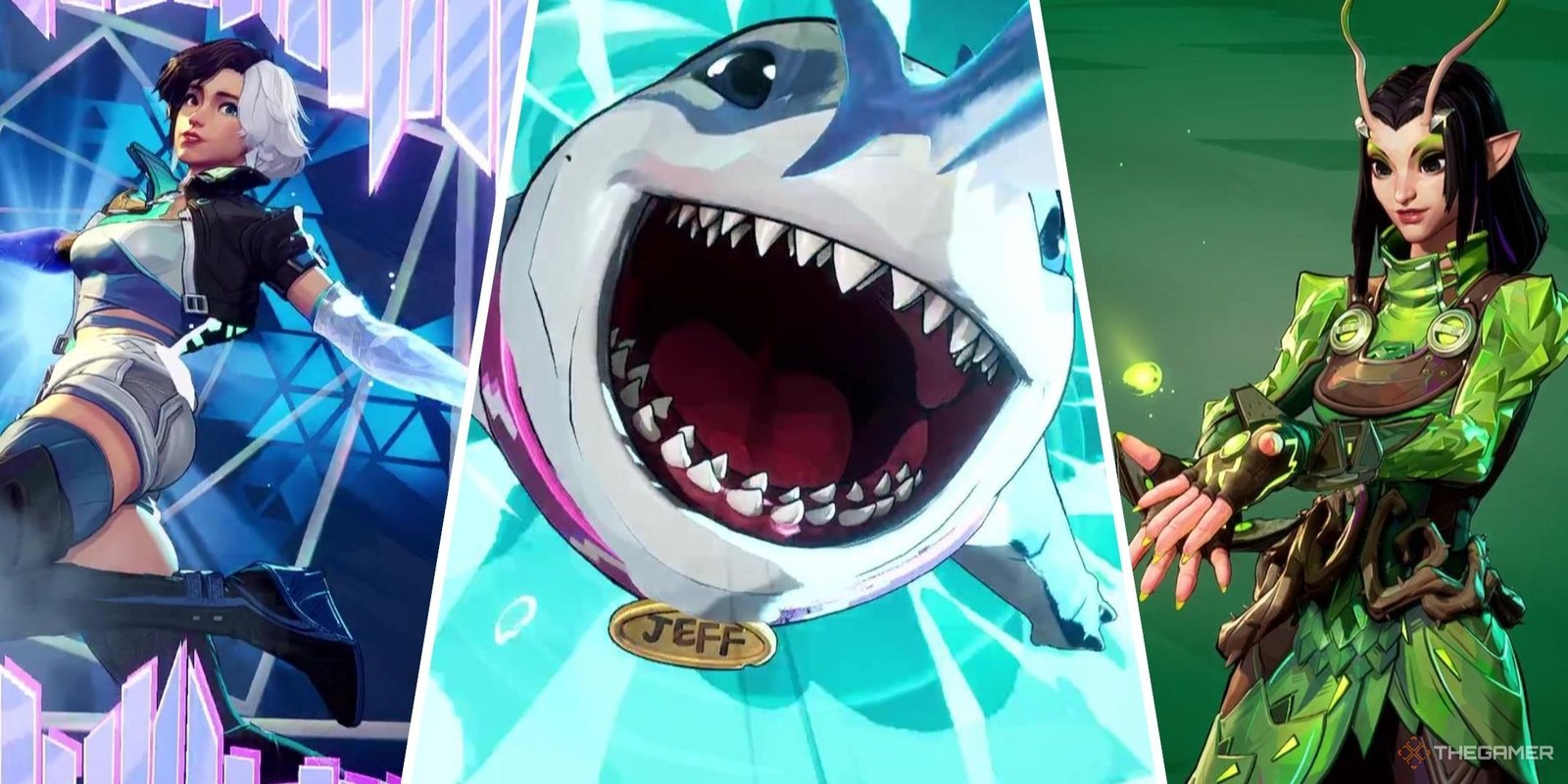 Marvel Rivals Fans Are Calling For Hawkeye And Hela Damage Nerfs 1 Luna Snow performs on the left, Mantis holds levitates a green orb on the right, and Jeff the Land Shark is about to eat a delicious meal in the center, all in Marvel Rivals.