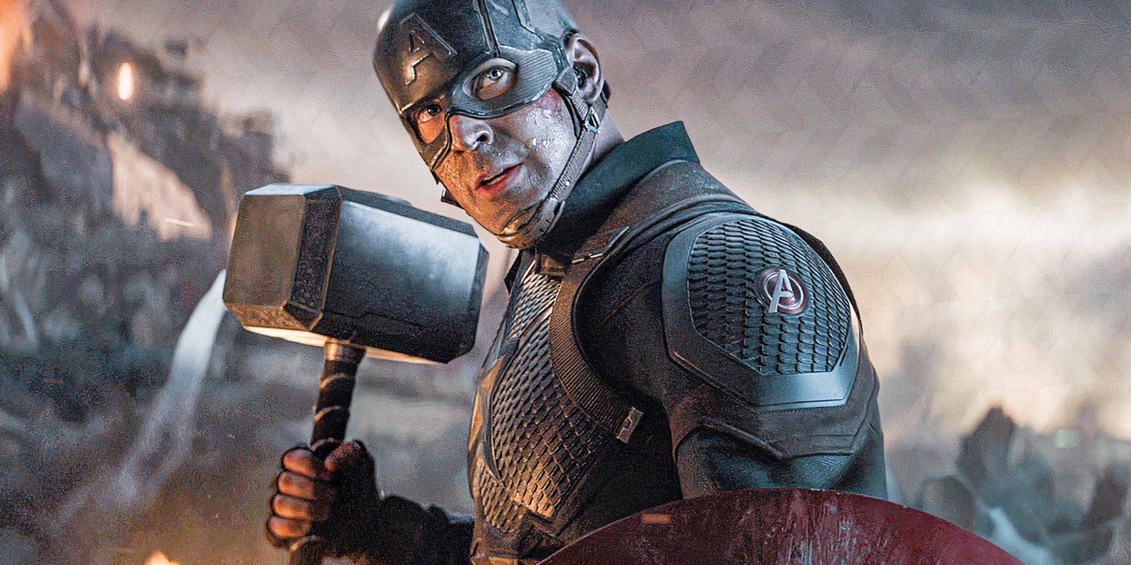 Captain America wielding Mjolnir in Avengers Endgame
