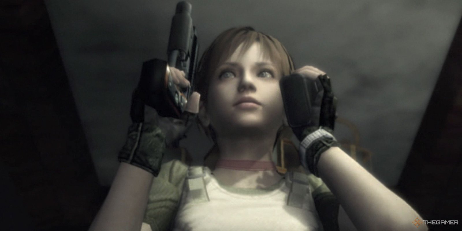 A close-up of Rebecca Chambers holding a gun while talking on the phone in Resident Evil: The Umbrella Chronicles.
