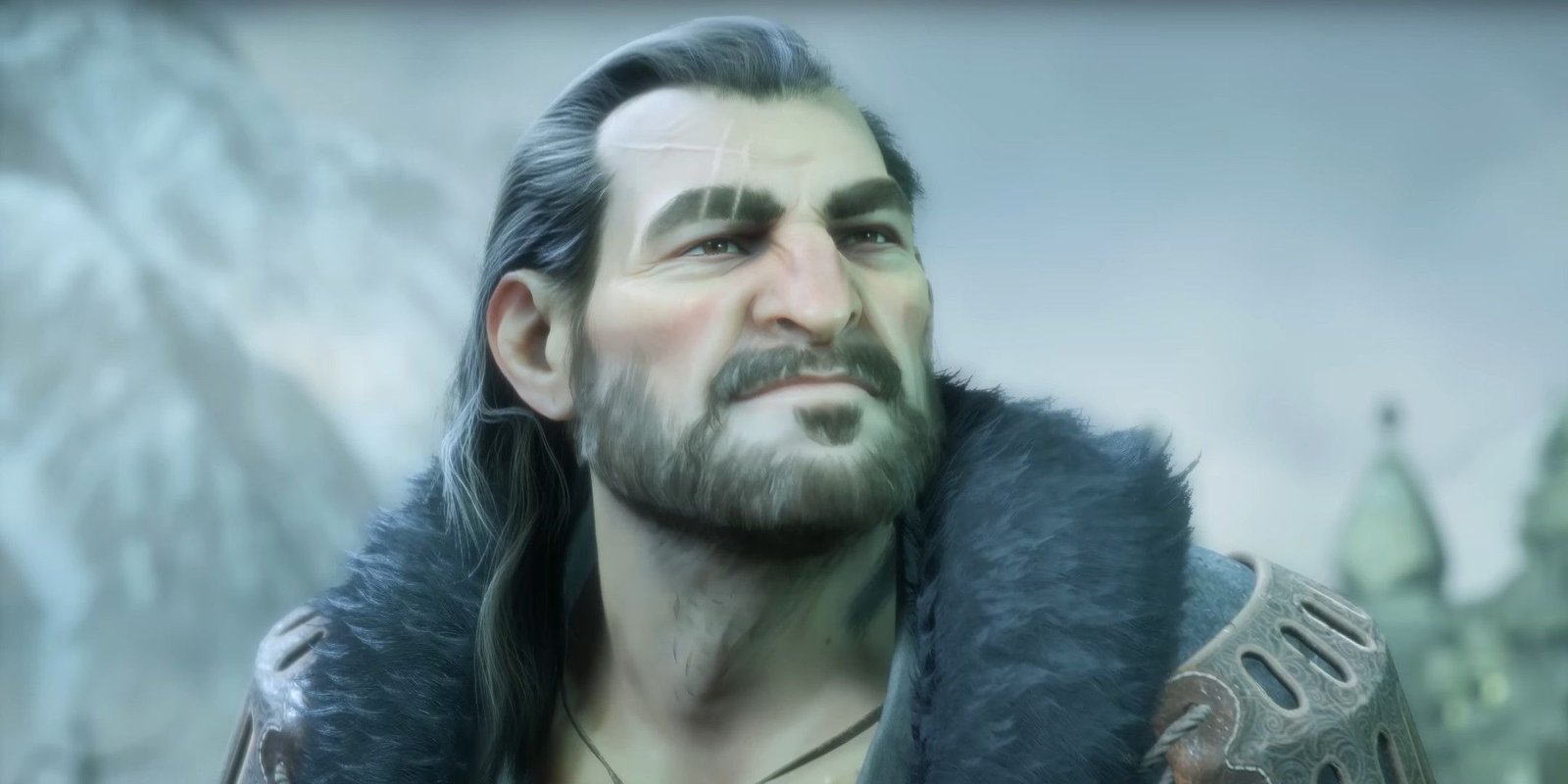 A close up of Varric with a grey sky in the background in Dragon Age: The Veilguard.