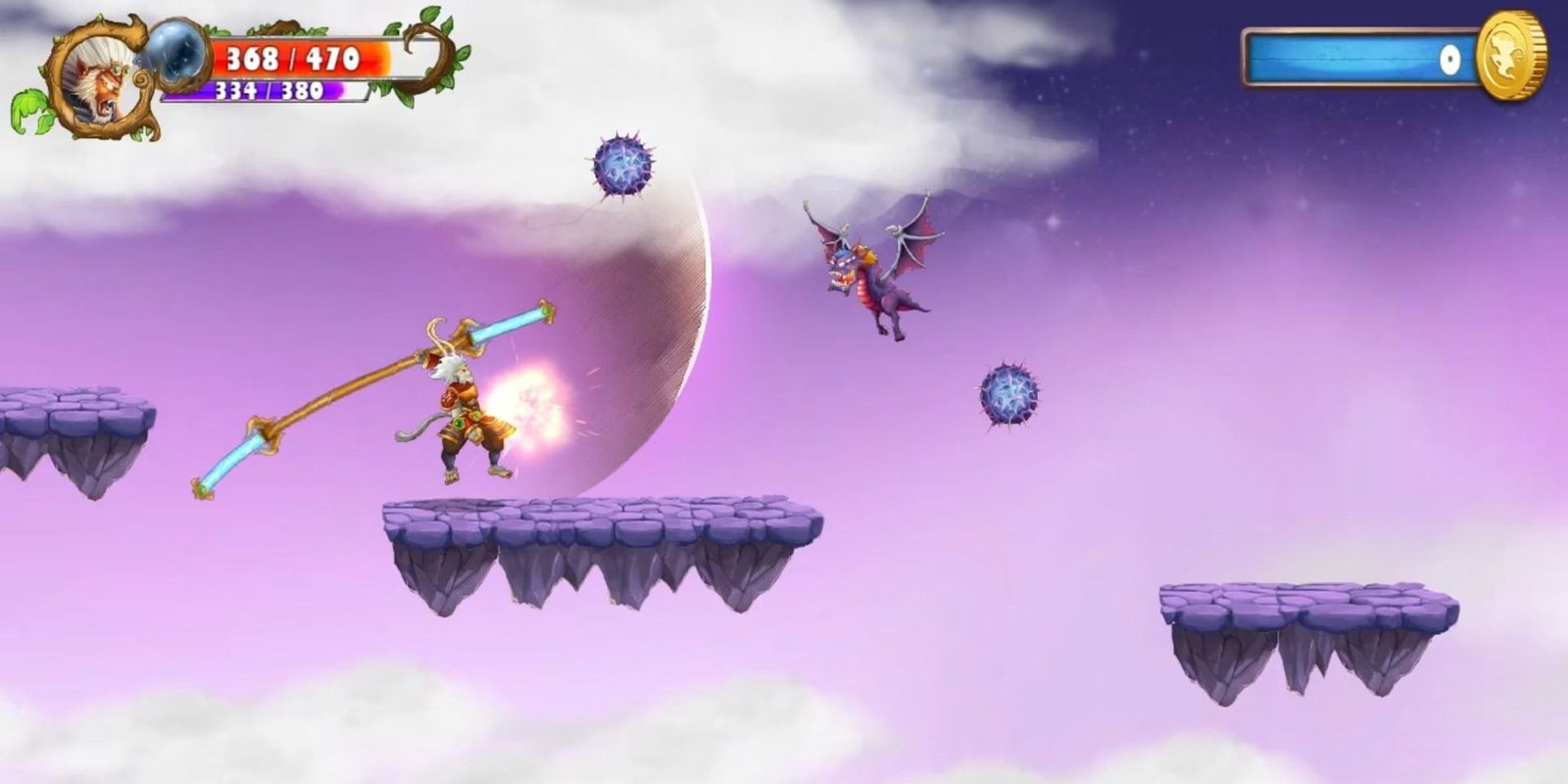 Sun Wukong stodd attacking a dragon on purple floating platfroms