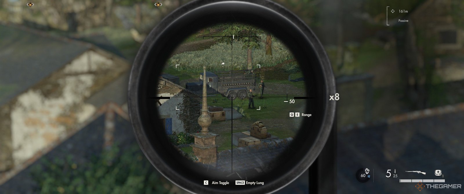 How To Complete Behind Enemy Lines In Sniper Elite: Resistance 2 Looking at soldiers through a rifle scope in Sniper Elite: Resistance.