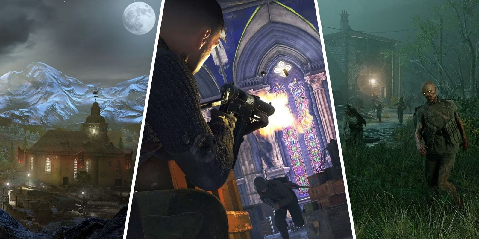 How To Complete Behind Enemy Lines In Sniper Elite: Resistance 8 A village sits under a full moon on the left, zombies encroach a dilapidated village on the right, and a gunfight ensues in the middle of a beautiful cathedral in the center.