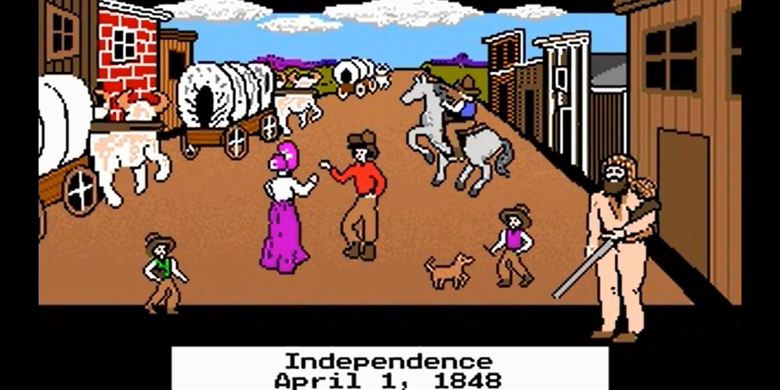 The Best Oregon Trail Movie Already Exists 2 Exploring the city of Independence with many villagers and wagons roaming around in Oregon Trail