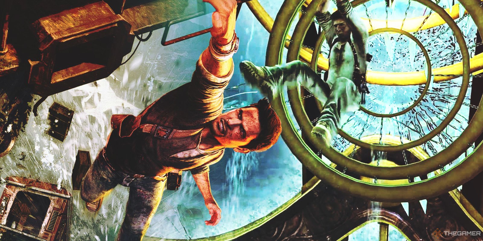 Sonic And Uncharted Have The Same Core Appeal 3 Collage image with Nathan Drake clinging from a train in Uncharted 2 on the left and in the boat from Uncharted 3 on the right.