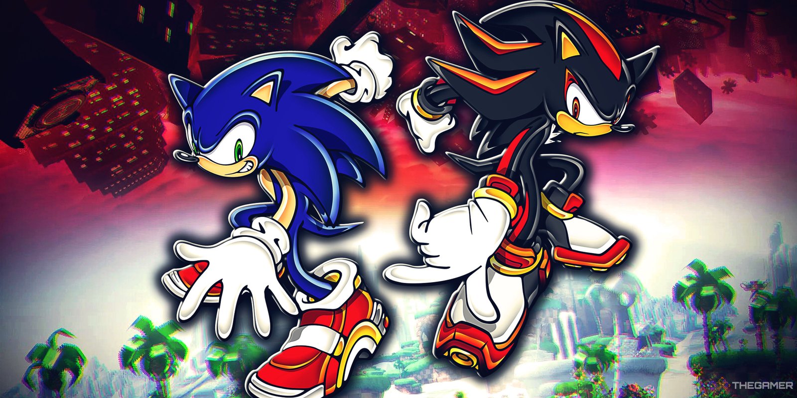Sonic And Uncharted Have The Same Core Appeal 2 Sonin anc Shadow with Sonic Adventure 2 in the background.
