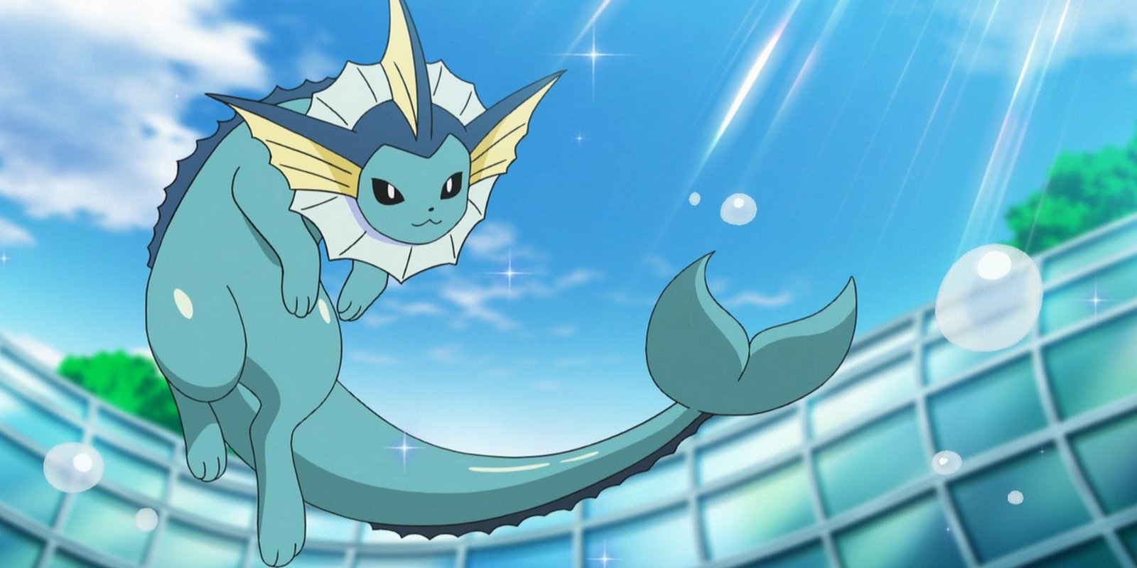 Vaporeon leaps gracefully out of the water in a stadium.