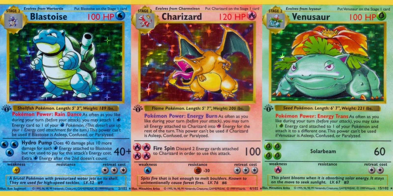 The 25 Best Gen 1 Pokemon 15 A split image of of Shadowless Blastoise, Shadowless Charizard and Shadowless Venusaur from the Pokemon TCG Base Set.