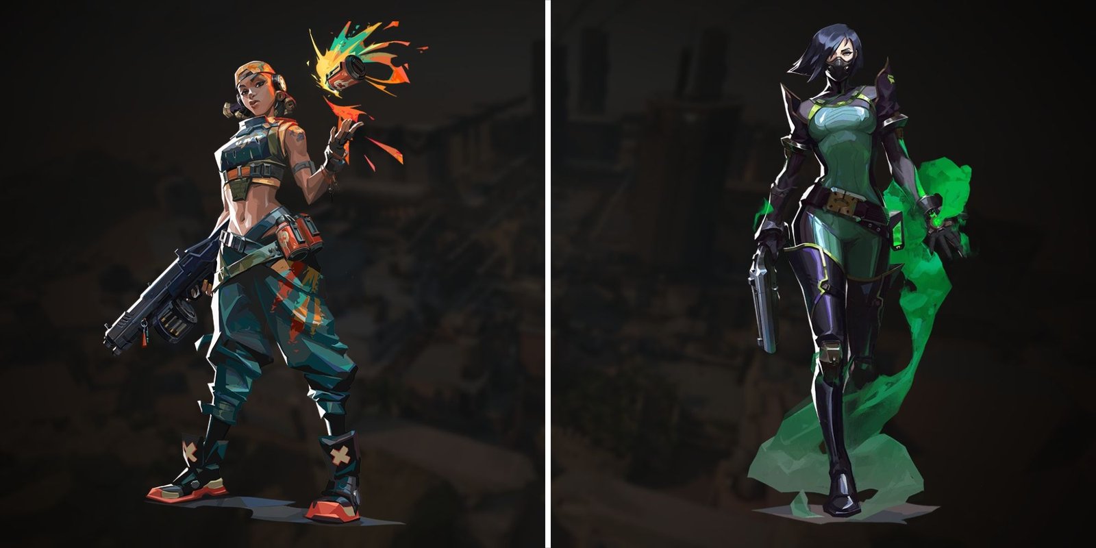 Best Spectre Skins In Valorant, Ranked 1 Collage image image of Valorant's Raze and Viper splash art.
