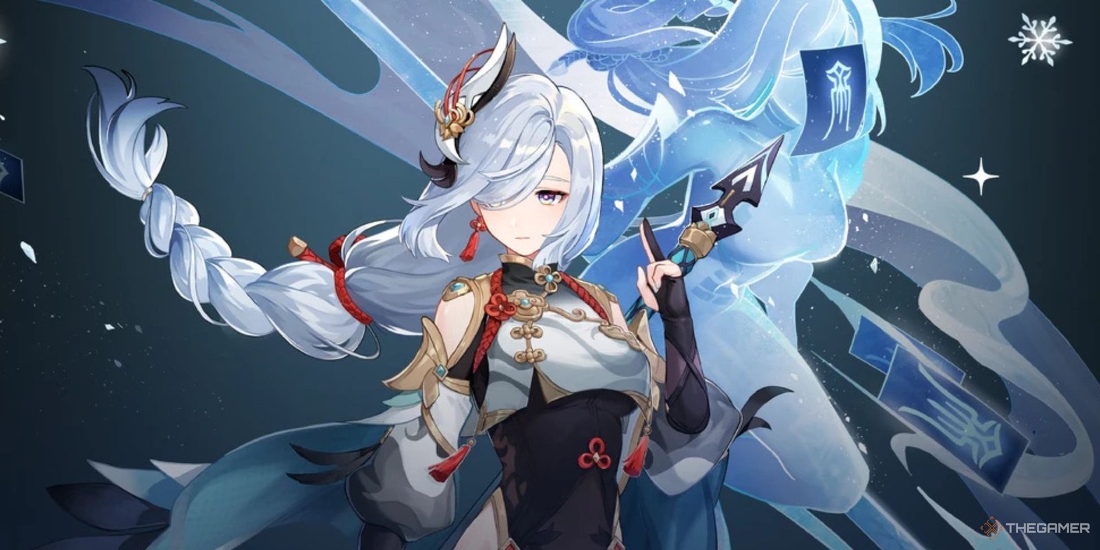 Shenhe from Genshin Impact doing a gesture with her hand with an icy spirit floating behind her.