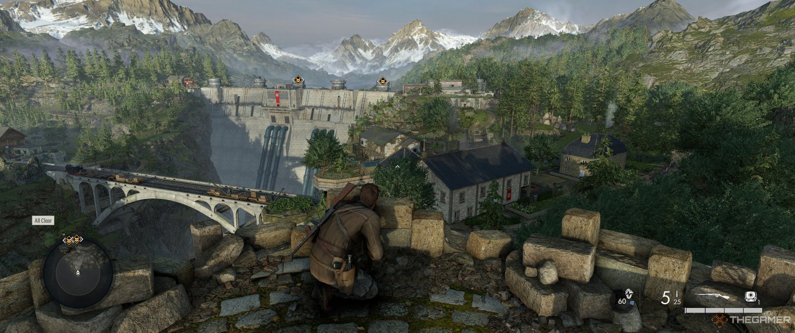 Harry Hawker crouched, looking out over a dam and a bridge in Sniper Elite: Resistance.