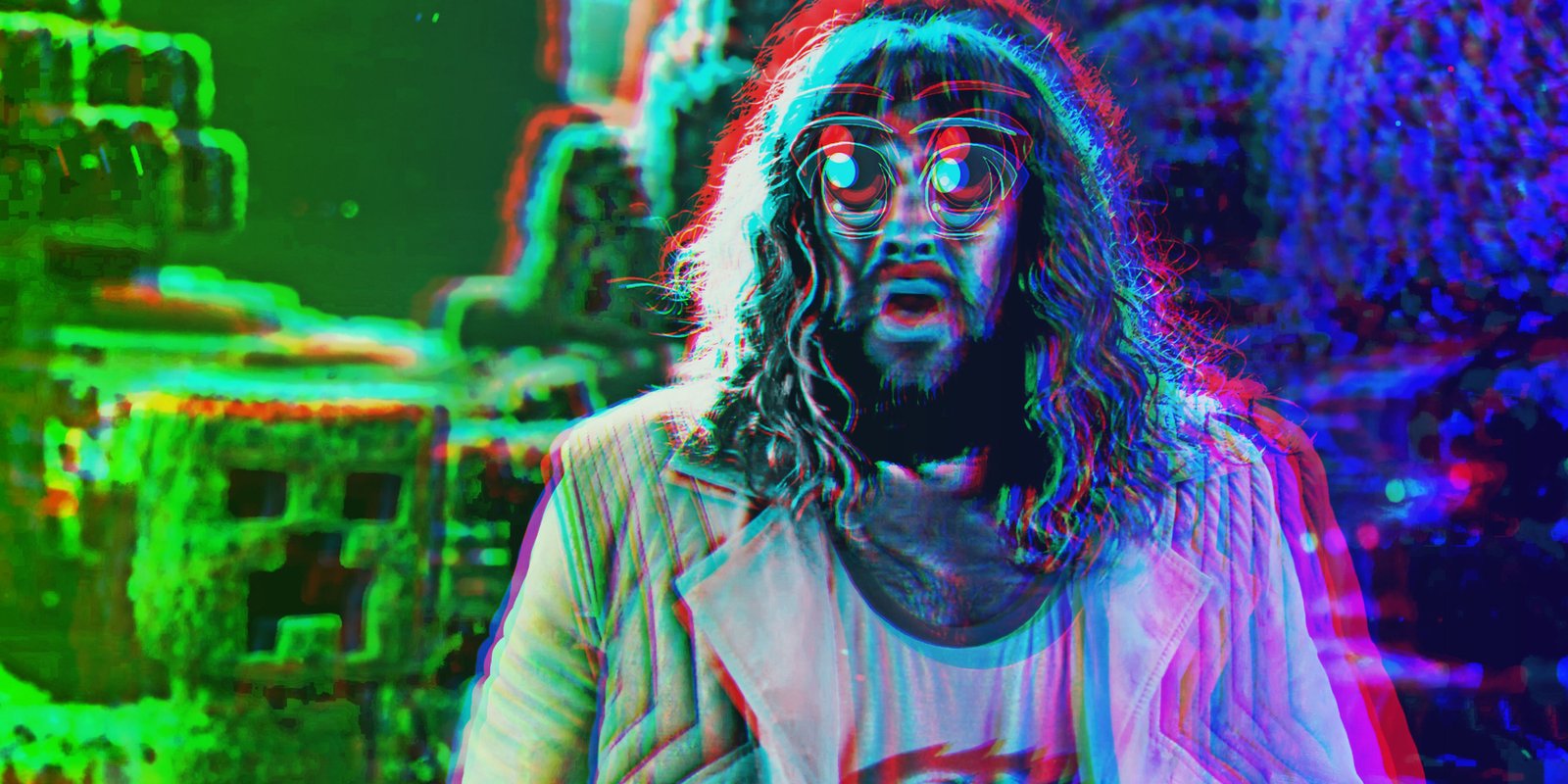 Minecraft Movie's Villager Reveal Is Creeping Everyone Out 1 Jason Momoa in A Minecraft Movie with blurry colors and a movie Creeper behind him.