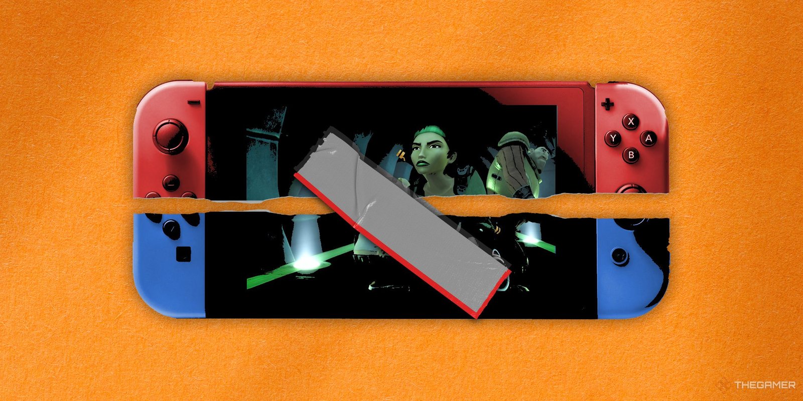 Could GTA 6 Really Revive Console Sales? 2 A Nintendo Switch playing Beyond Good & Evil cut in half, patched together with duct tape. The top half of the console is red, the bottom half is blue, and the background is orange.