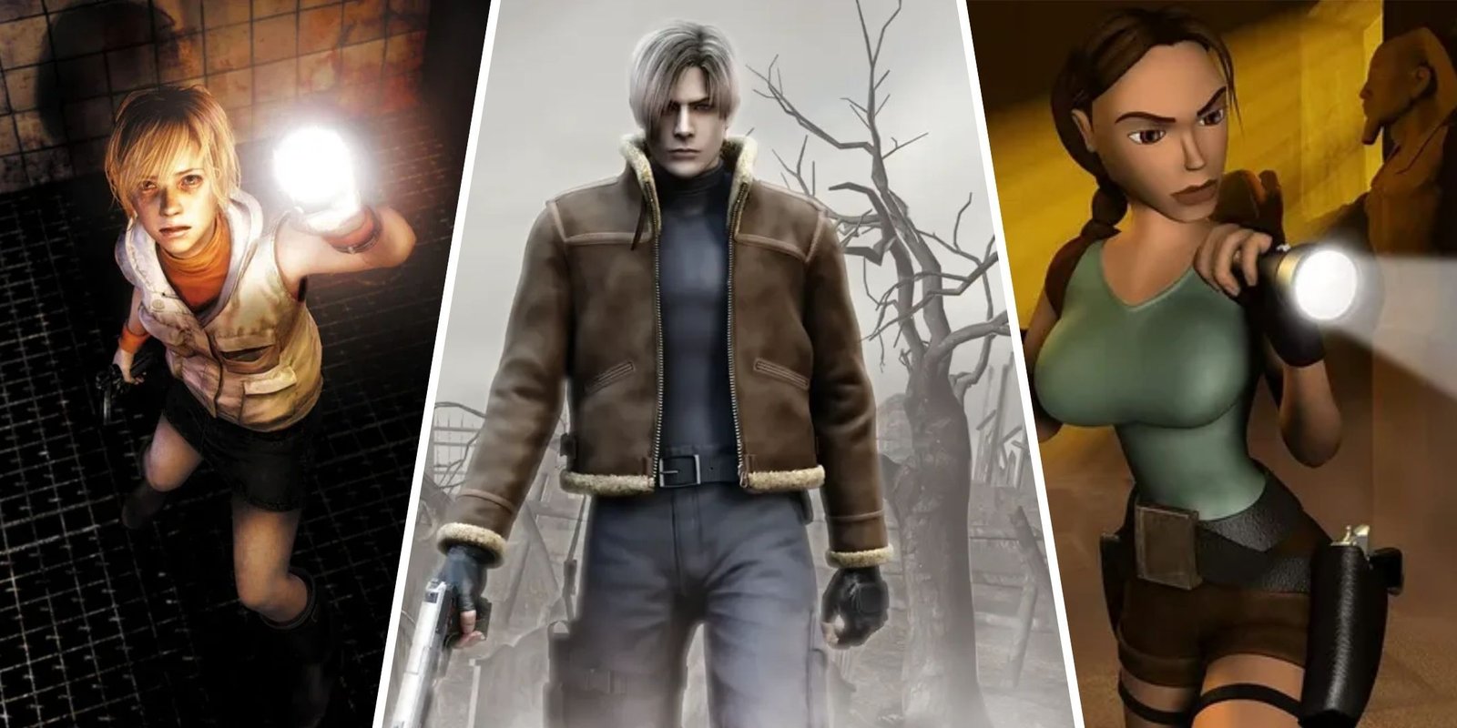 Is Tomb Raider 4-6 Remastered Better Than 1-3 Remastered? 4 Split image of Heather Mason, Leon Kennedy and Lara Croft.