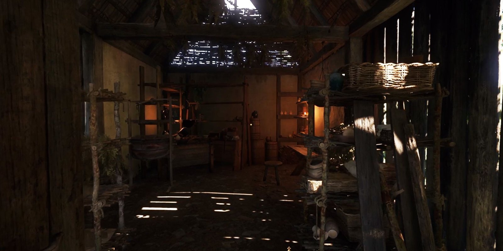 Kingdom Come: Deliverance 2 drying shed interior with drying rack and alchemy bench.