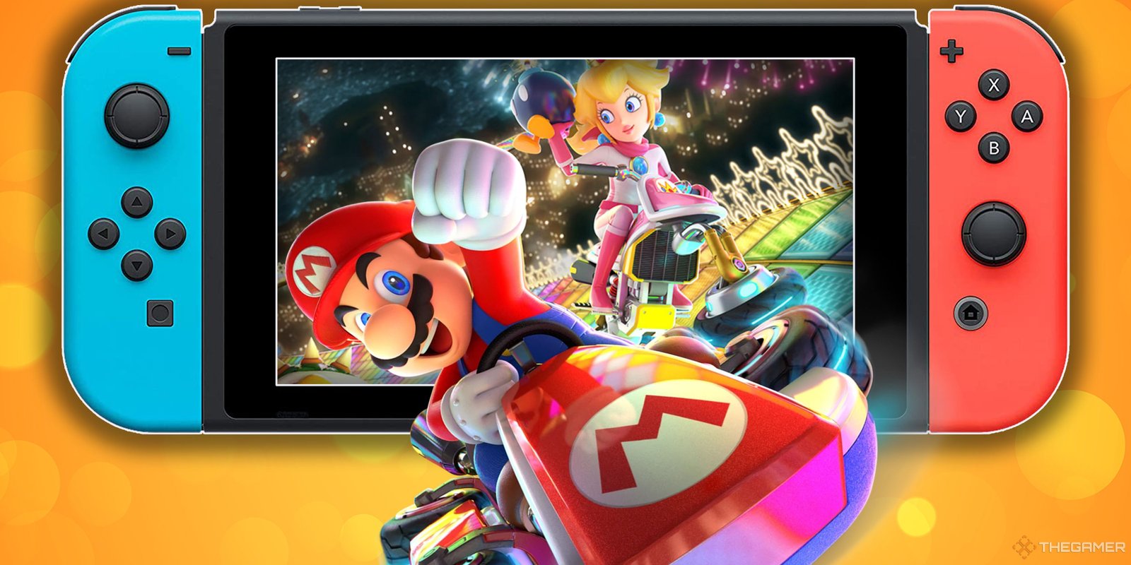 The GOG Dreamlist Is A Good Solution To A Problem That Shouldn’t Exist 4 Mario in his kart bursting out of a Nintendo Switch screen with Princess Peach on Rainbow Road behind him.