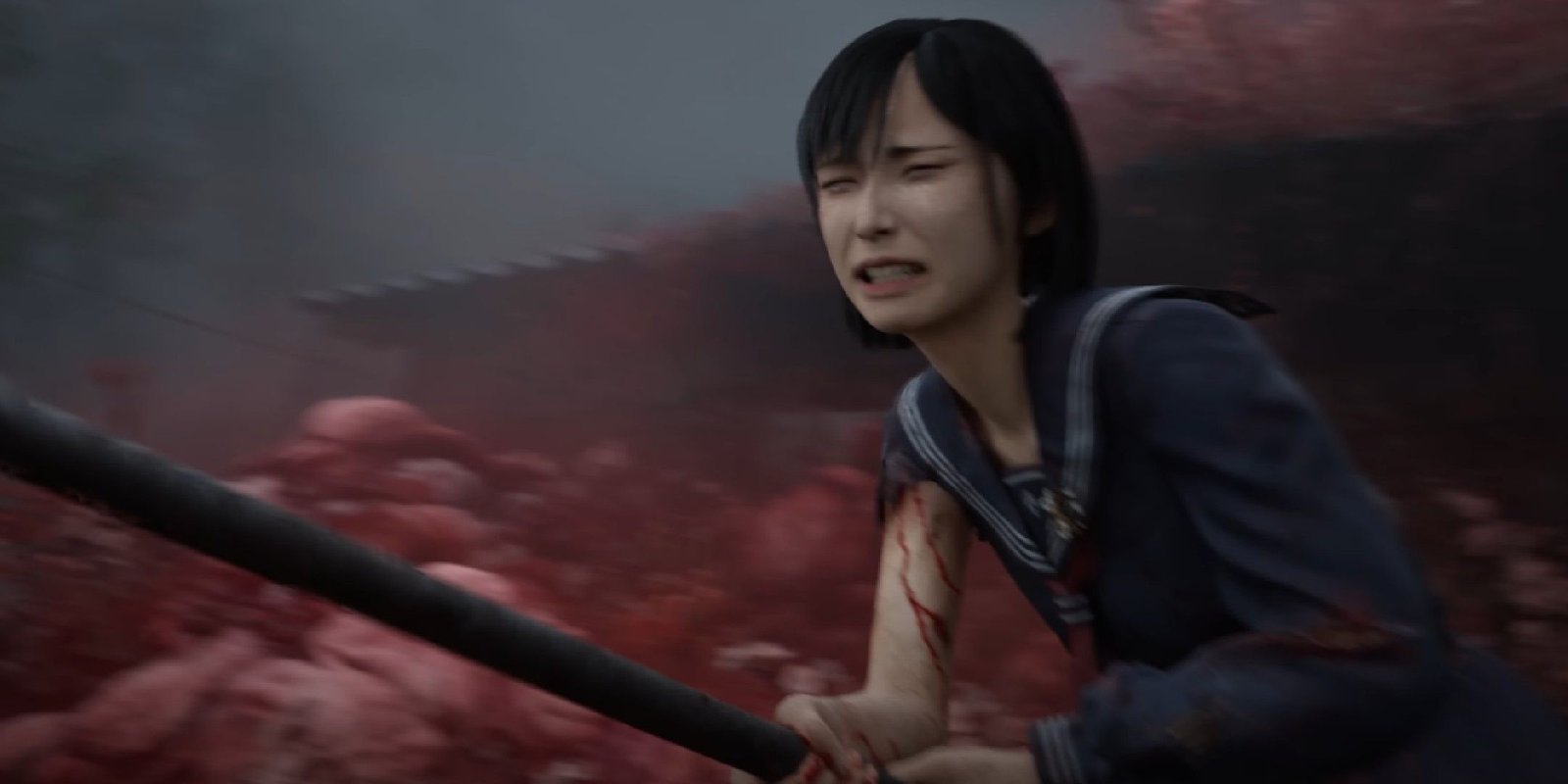 Silent Hill f image showing Hinakowielding a pipe.