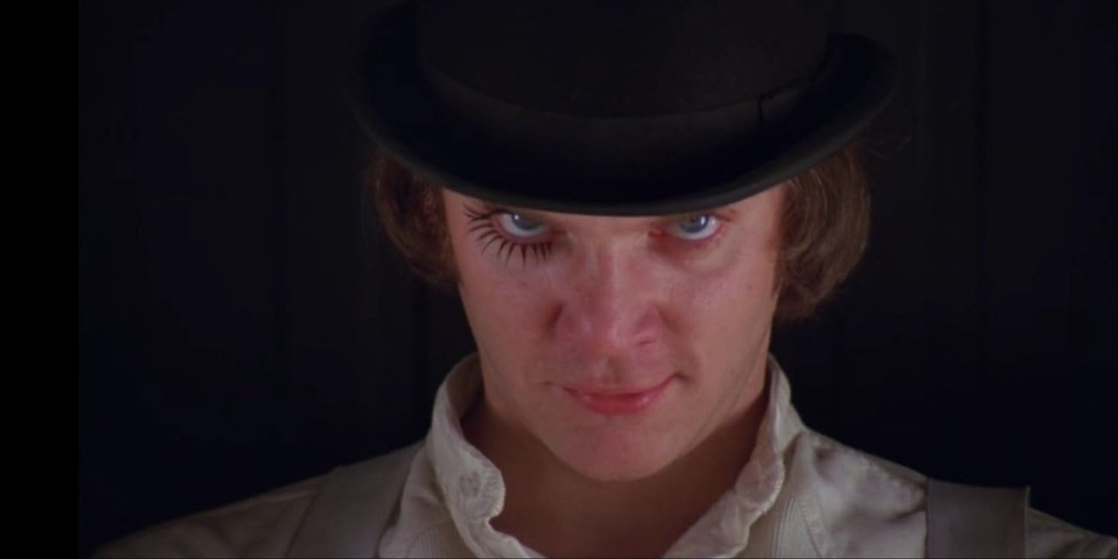 A close-up of Malcolm McDowell's Alex DeLarge in A Clockwork Orange.