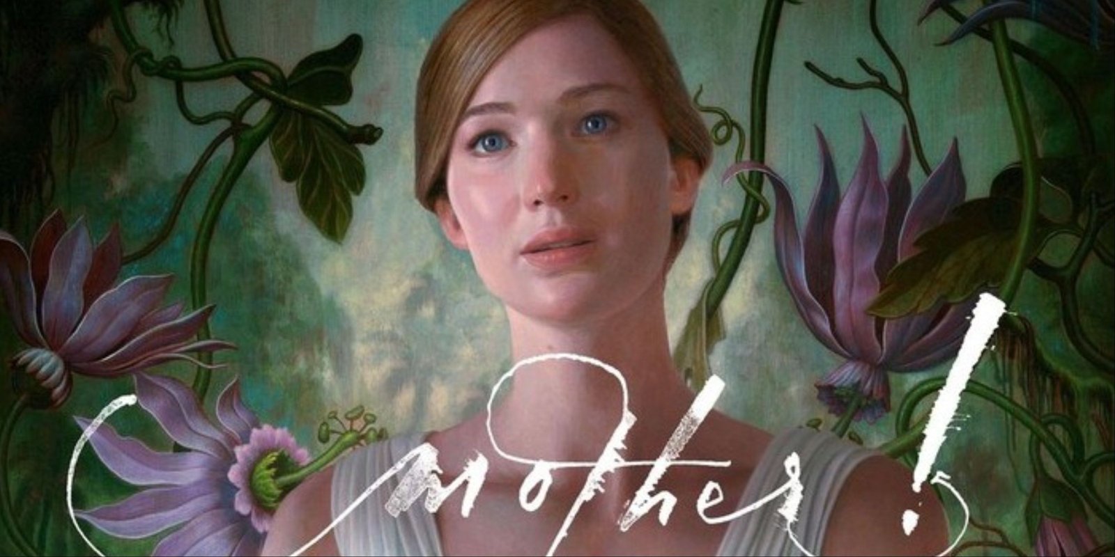 The main art for Mother! featuring the title in fancy cursive and Jennifer Lawrence's titular character as a painting.