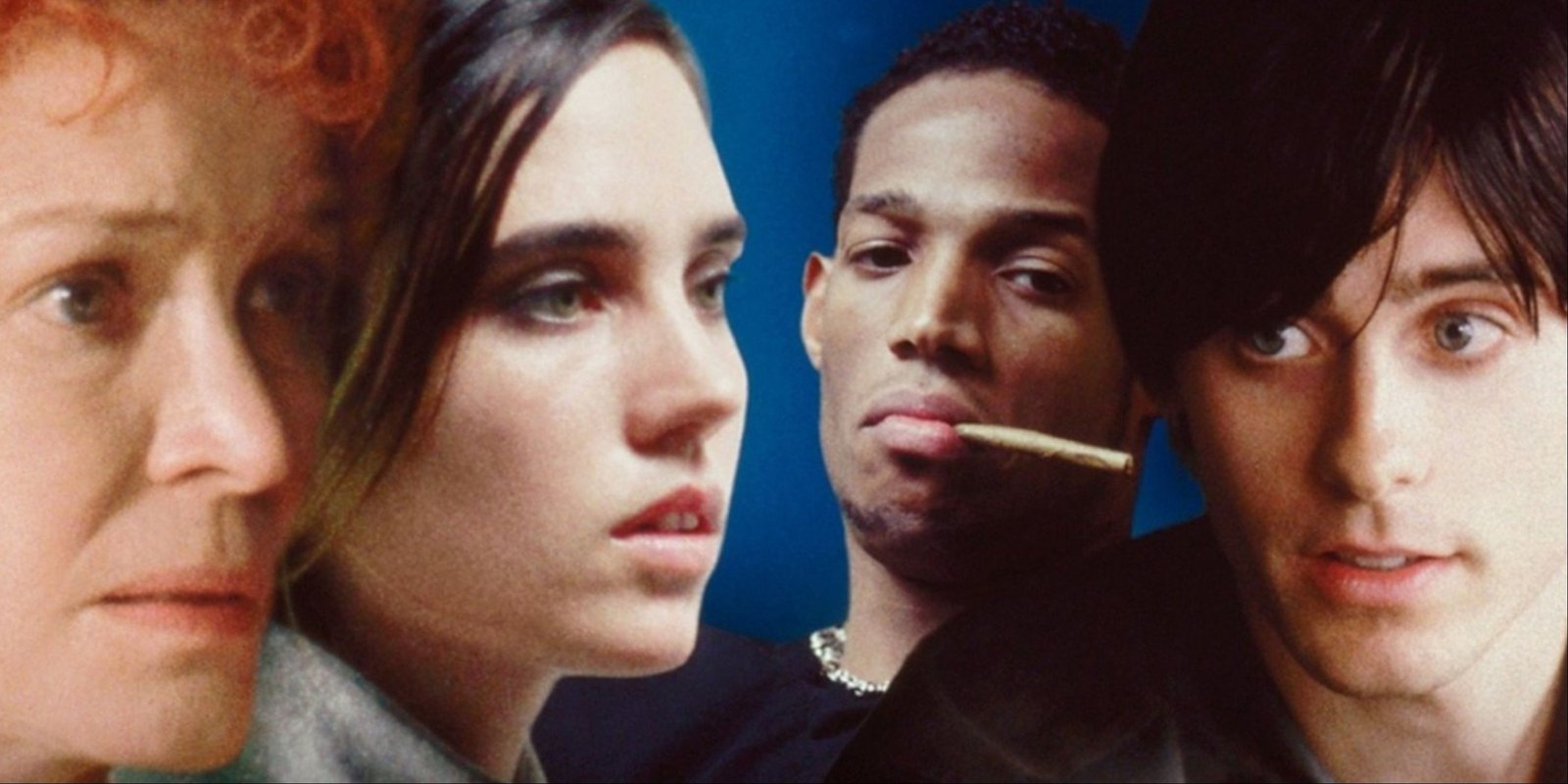 Jared Leto, Jennifer Connelly, Ellen Burstyn, and Marlon Wayans on the main art of Requiem for a Dream.