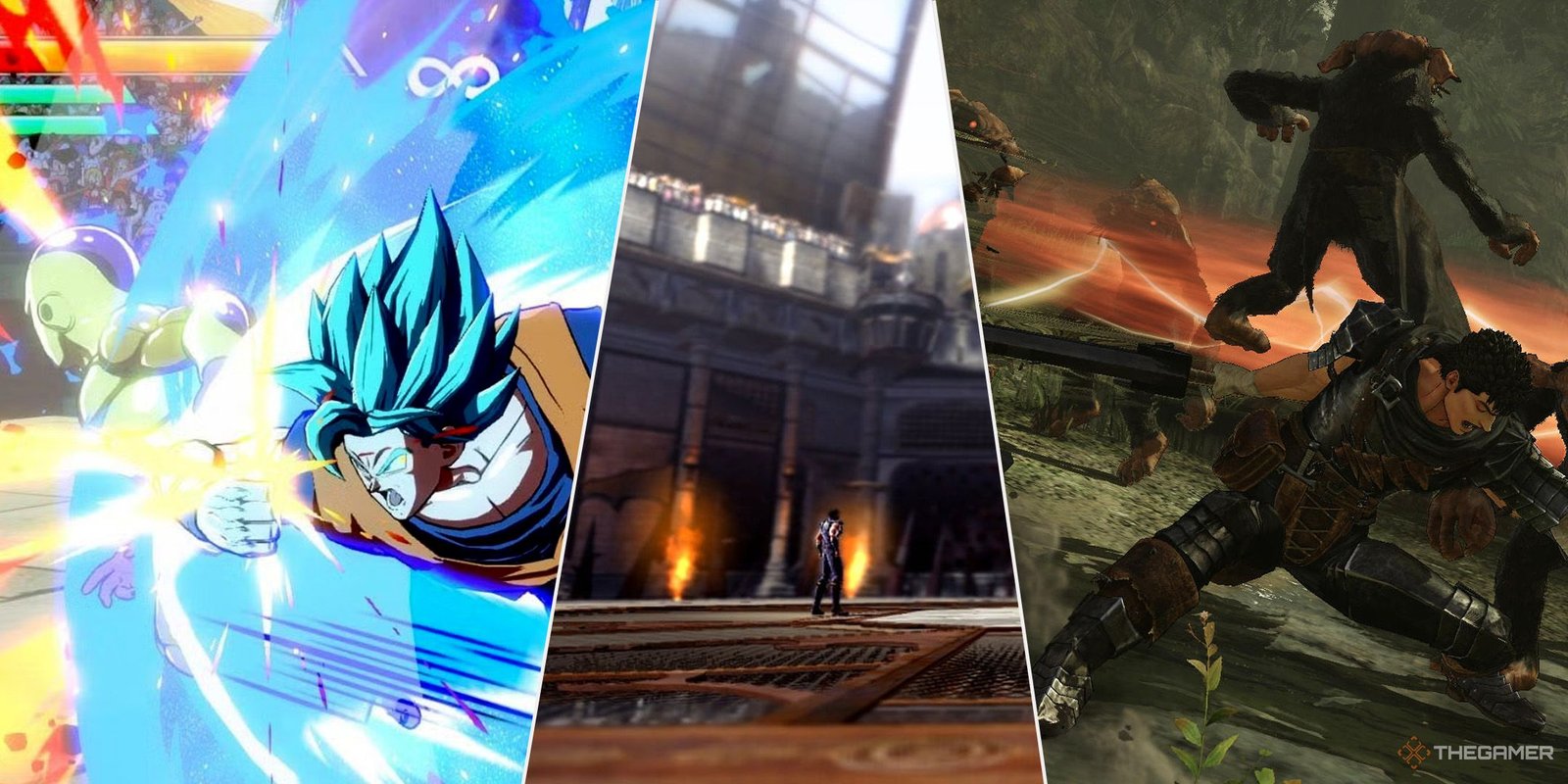 Best Fights In Bleach 5 A collage of different anime games, from left to right: Dragon Ball FighterZ, Fist of the North Star: Lost Paradise, and Berserk and the Band of Hawks.
