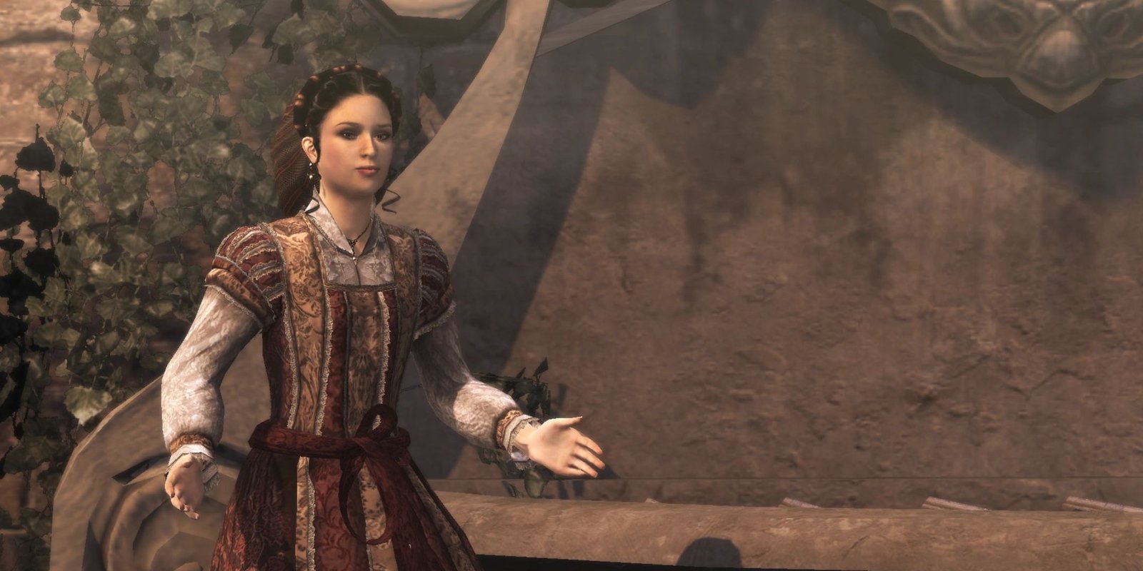 Assassin's Creed Brotherhood screenshot of Claudia with her arms out.
