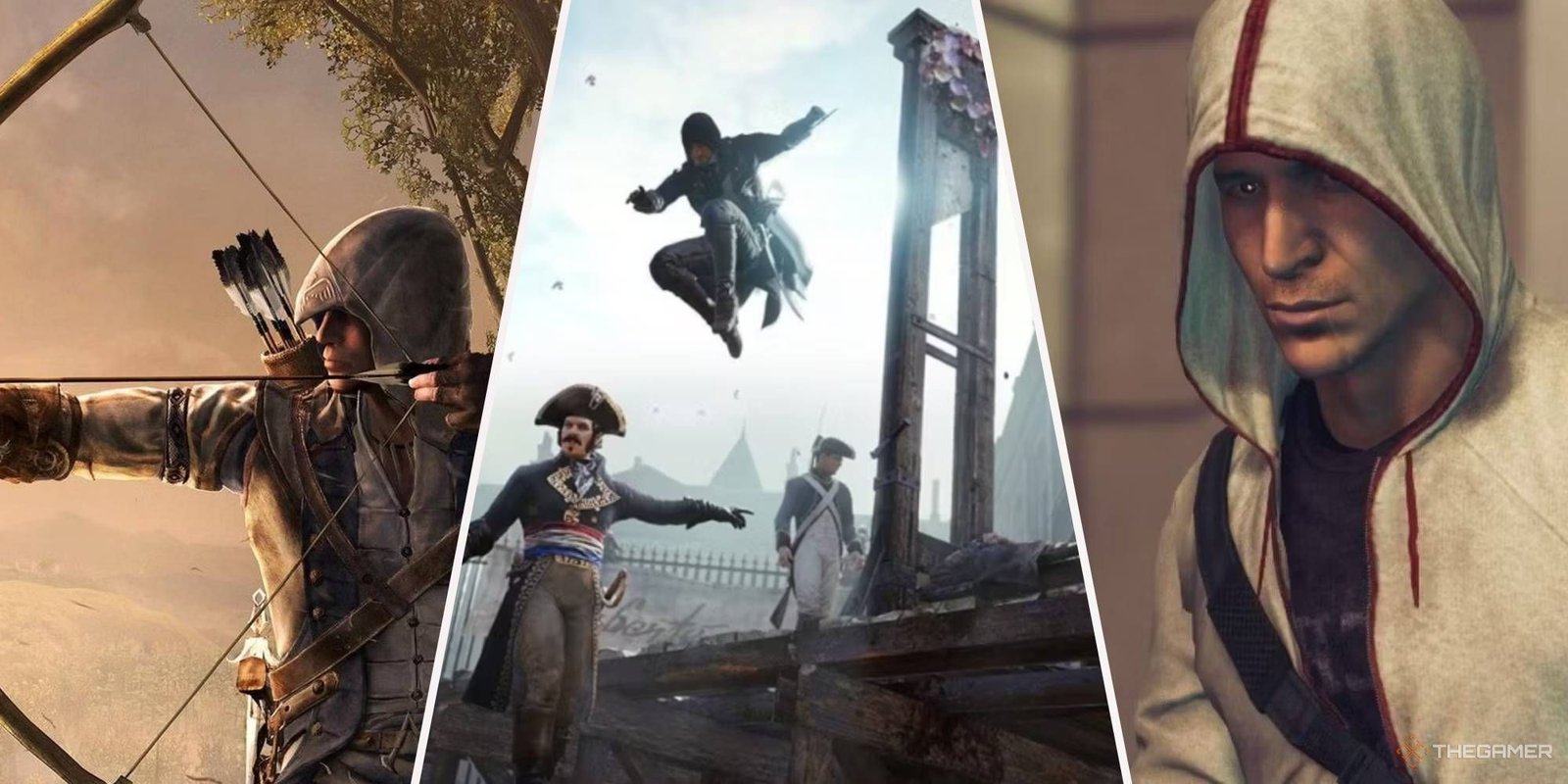 The Best Women Characters In The Assassin's Creed Series 13 assassins creed connor pulling bow desmond miles and arlo assassinating french soldier