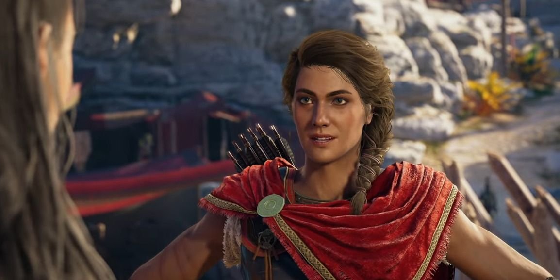 Kassandra in conversation with a NPC in Assassin's Creed Odyssey.
