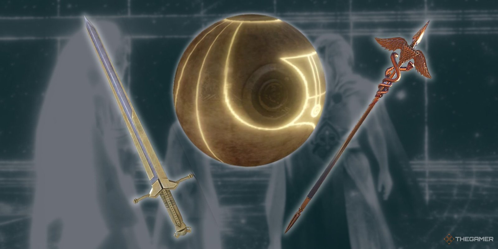 The Best Women Characters In The Assassin's Creed Series 9 Assassin's Creed Most Powerful Pieces of Eden Featured Image containing images of the apple of Eden, sword of Eden, and Staff of Hermes