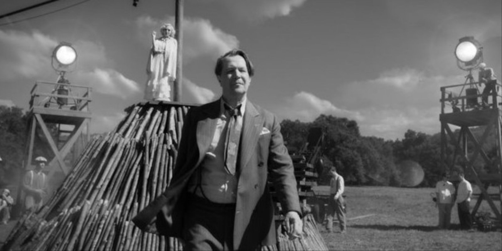 Gary Oldman in black-and-white on a film set in Fincher's Mank.