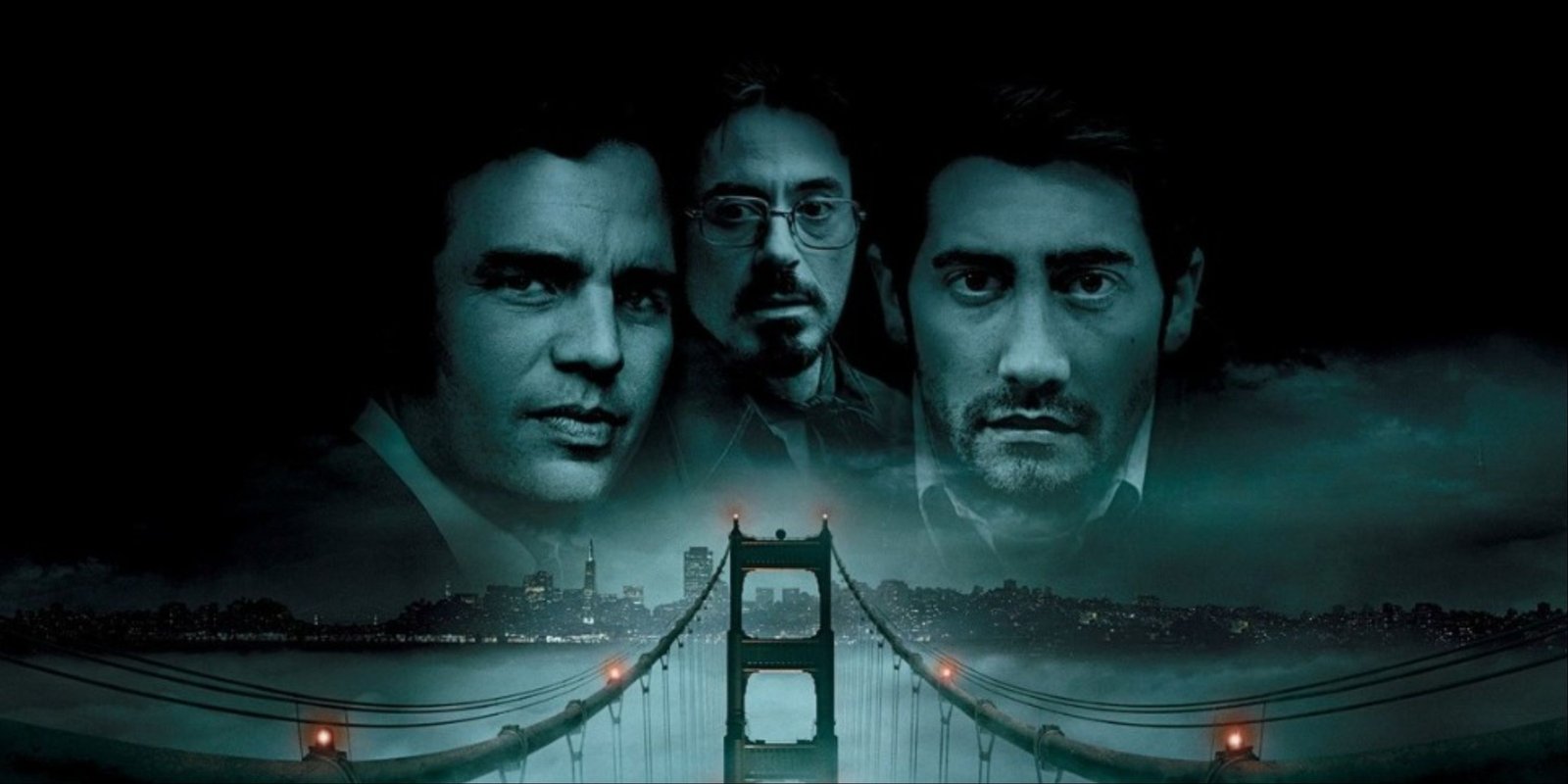 Robert Downey Jr., Jake Gyllenhaal, and Mark Ruffalo's faces faded into the foggy sky by the Golden Gate Bridge on the main art of Zodiac.