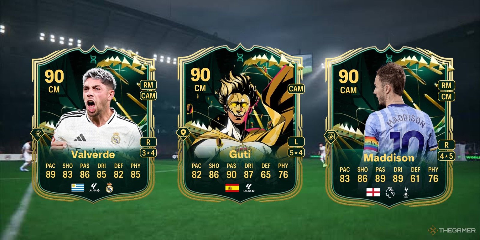 The Best King Of Egypt 2 Evolution Picks In EA Sports FC 25 8 Image showing Valverde, Guti, and Maddison card against a faded pitch background.